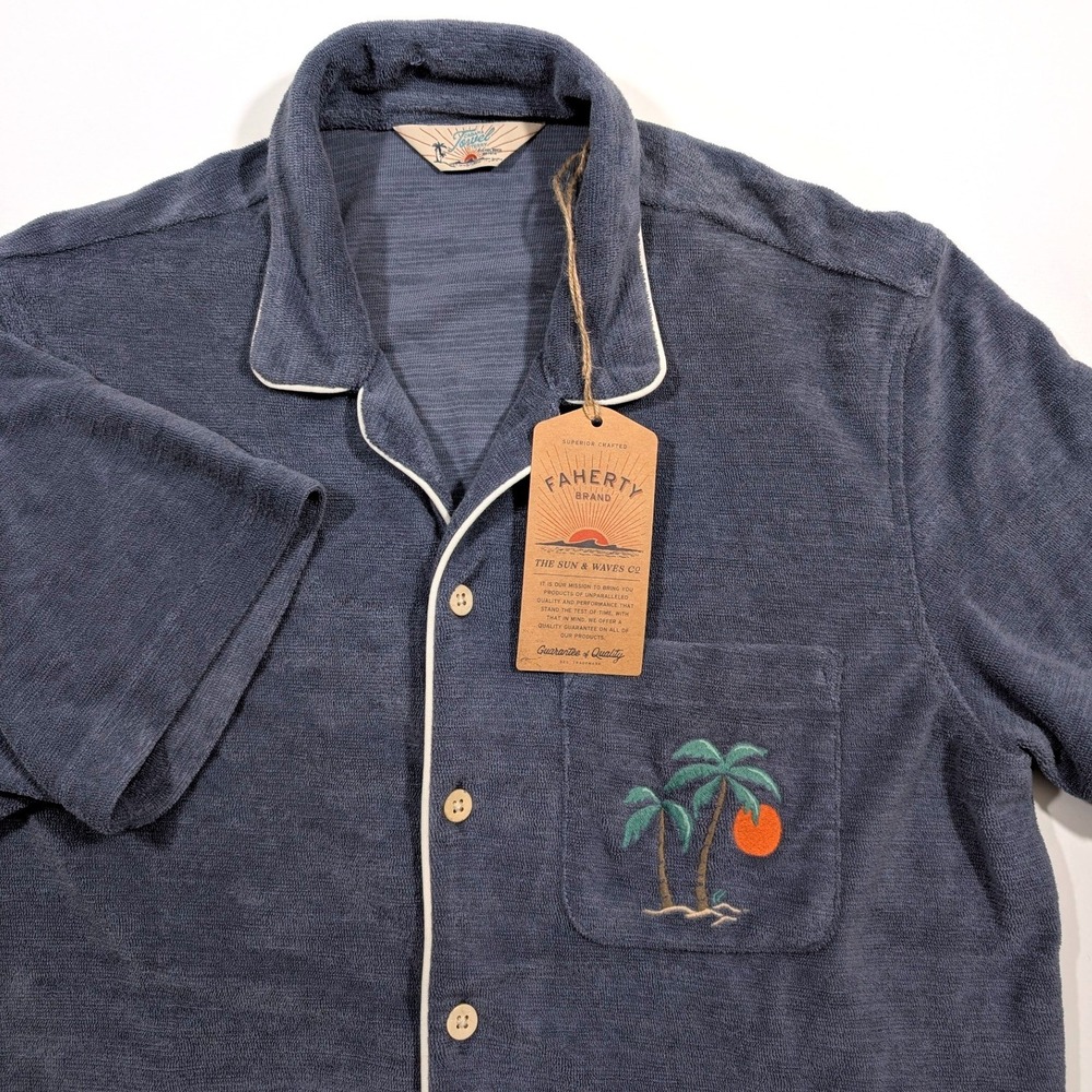 Faherty Mens Cabana Towel Terry Shirt Eastern Storm Blue Palm Tree MXS2509 M